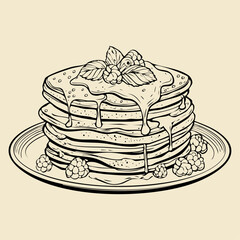 Hand drawn sketch pancakes with a syrup on top, black and white