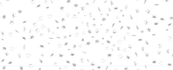 Abstract pattern of random falling silver stars on white background.