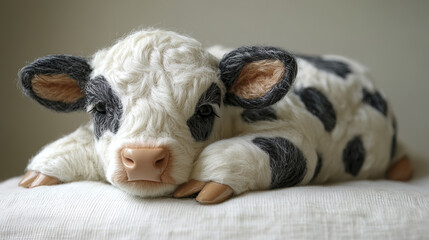 Obraz premium cute white cow with black spots resting peacefully on soft surface