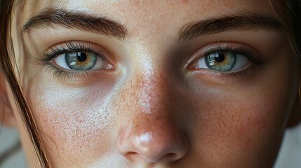 Fototapeta premium Close-up face of young caucasian female with freckles and green eyes