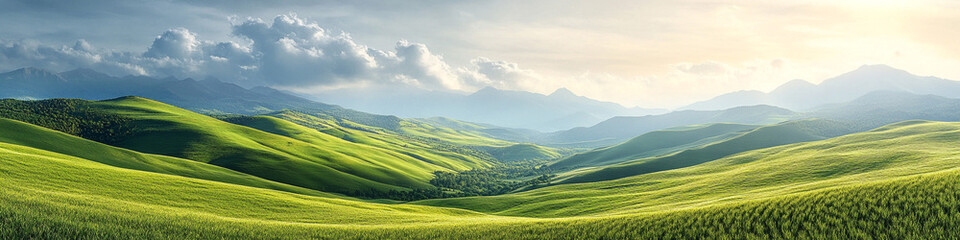 Obraz premium Sunlit green fields stretching across high-altitude ridges under soft clouds