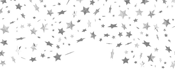 Abstract pattern of random falling silver stars on white background.