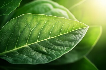 Obraz premium A close-up of kale leaves glowing in sunlight, with intricate textures and vibrant green hues