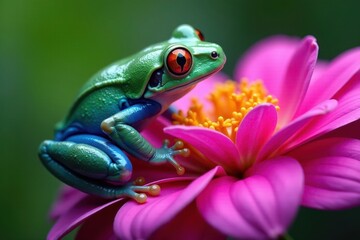 Iridescent blue-green frog perched on bright pink flower, amphibian, nature