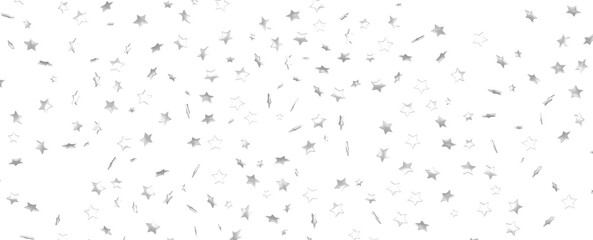 Abstract pattern of random falling silver stars on white background.