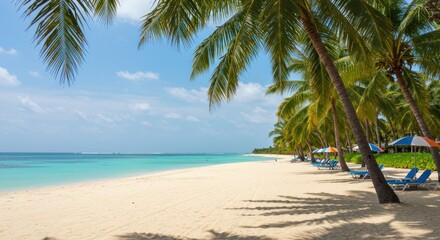 Obraz premium Idyllic Tropical Beach Scene With Palm Trees And Loungers