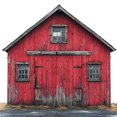 Rustic Wooden Barn with Classic Red Exterior and Simple Design on White Background