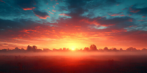 Fototapeta premium Vibrant sunrise over misty field with trees.