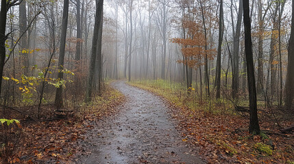 Obraz premium misty forest path winding through trees, surrounded by fallen leaves