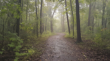Obraz premium serene forest path surrounded by lush greenery and misty atmosphere
