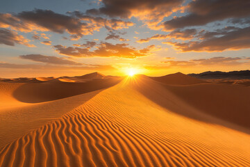 Vast desert dunes under a golden sunset, shadows creating deep contrasts