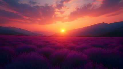 Obraz premium Vibrant sunset over a vast lavender field in mountainous terrain.