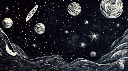Celestial Bodies And Starry Night Sky Landscape