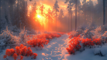 Sunlit winter path through snowy forest with red plants.