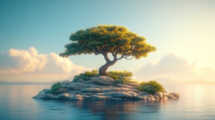 Obraz premium Solitary tree on a tranquil island at sunrise.