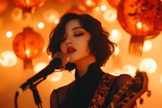 A confident singer performing a ballad during karaoke night, their reflection captured in a nearby mirror