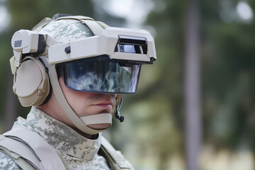 Military personnel wearing advanced augmented reality helmet during a training exercise in an outdoor environment