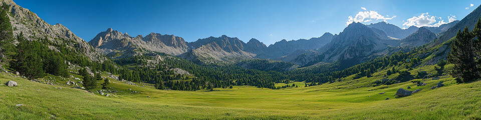 Fototapeta premium Verdant pastures amidst rugged mountain scenery and a clear, bright sky