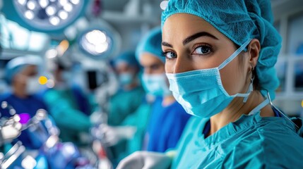 This image features a determined female surgeon in a bustling operating room showcasing modern surgical techniques and teamwork, embodying strength and concentration in healthcare.