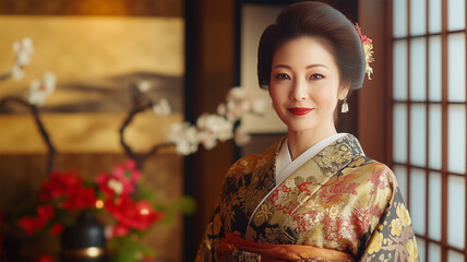 和風の装飾を背景に着物姿で佇む日本人女性（40代）