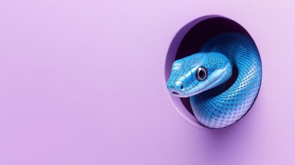 Blue snake emerging from circular hole in purple background with vivid patterns