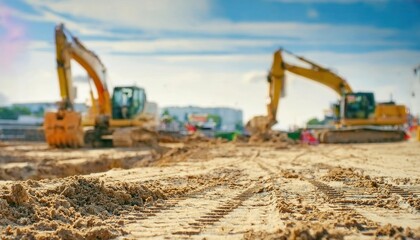 Construction Excavators at Work on a Sunny Day. Heavy Equipment Digging and Leveling Earth at a Construction Site, Capturing the Essence of Labor Infrastructure Development with Precision and Power
