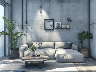 Modern Living Room Design With Concrete Walls and Sectional Sofa