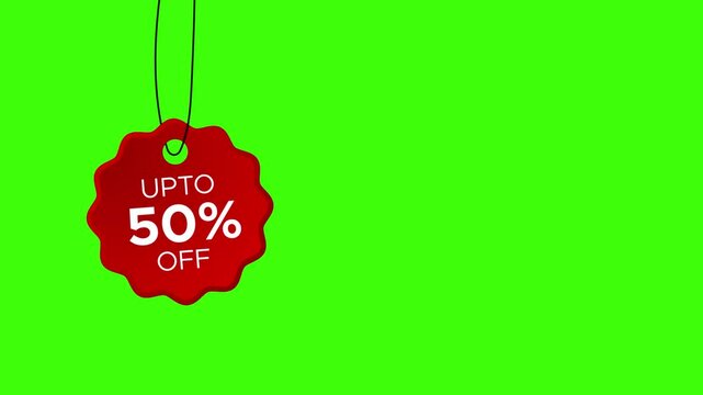 Sale tag banner hanging 4k animation 50% off or discount banner hd animation red sale tag animation with white or green screen background and sale banner animation with space for text