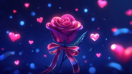 Fototapeta premium Radiant Rose: A 3D Render of a luminous pink rose adorned with a vibrant ribbon, surrounded by floating hearts and bokeh lights, creating a romantic and enchanting atmosphere. 