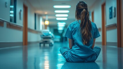 A nurse sitting on the hospital floor, showcasing a moment of stillness amid her responsibilities, shedding light on the emotional aspects of the healthcare profession.
