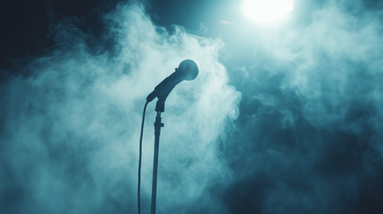 Microphone in dramatic smoky blue spotlight ambience