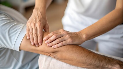 Therapist providing arm massage to a patient.