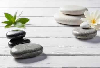 Fototapeta premium Spa stones arranged on a white wooden table