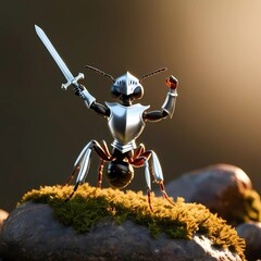 A knight ant in shining armor, wielding a tiny sword, standing victoriously on a rock.
