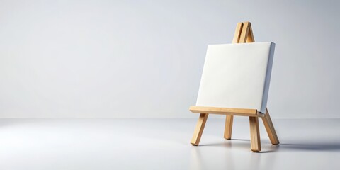 Minimalist Blank Canvas on Wooden Easel, Isolated White Background - Stock Photo