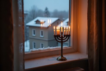 A glowing menorah on a windowsill, with snowy rooftops visible outside.