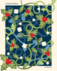 A festive cascade of holly leaves and vibrant red berries on a deep blue backdrop, capturing the timeless beauty of Christmas.