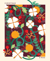 A festive illustration featuring holly leaves, red berries, Cotton flower, orange slices, and green vines, creating a vibrant Christmas design with a cozy holiday vibe. Perfect for the season