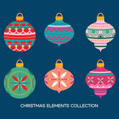 "Christmas Elements Collection" , six vibrant Christmas ornaments with intricate patterns glow against a deep blue background, radiating festive cheer.