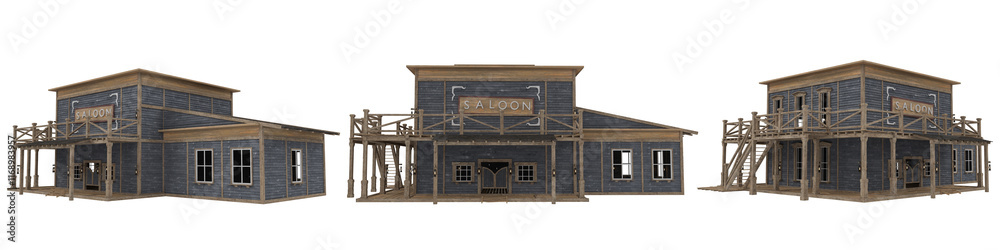 Poster Old wild west saloon building with wooden steps leading to balcony. Isolated 3D rendering illustration.
