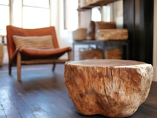 A rustic wooden stool sits in a cozy room with a modern chair, showcasing a blend of natural and contemporary design elements.