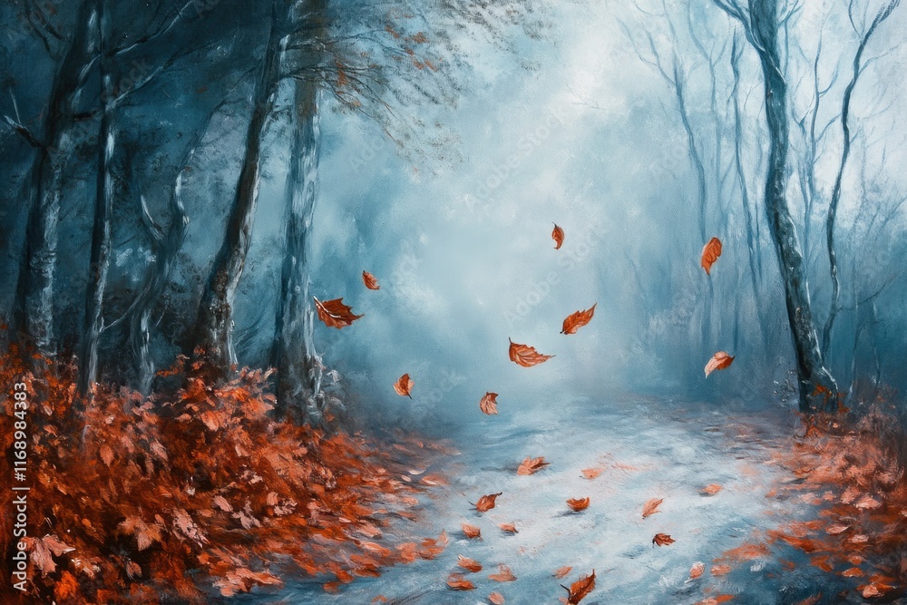 Poster Autumn Leaves Falling in a Misty Forest Path