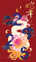 Chinese New Year 2025 golden snake intertwined with bold numbers, chrysanthemum blossoms, and swirling clouds on a deep red background, symbolizing prosperity and renewal.