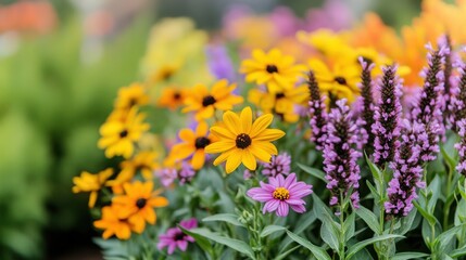 Obraz premium Vibrant garden scene featuring colorful flowers in full bloom, showcasing a variety of species and rich hues.