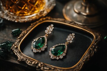 A vintage jewellery set featuring an emerald brooch and matching earrings, displayed on an antique tray