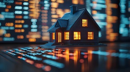 Small Model House with Market Ticker Display Reflecting in Night City Lights