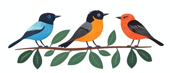 Three colorful birds perched on a branch among green leaves, showcasing vibrant hues of blue, orange, and yellow against a simple white background.