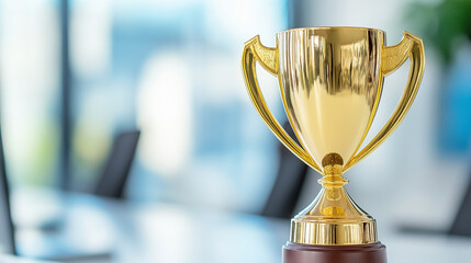 Golden trophy cup on office desk with blurred background, symbolizing achievement, success, and recognition for business and professional celebration themes.