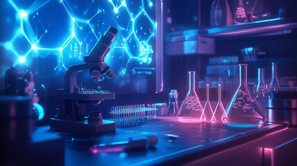 ホログラムが浮かぶ未来的な実験室