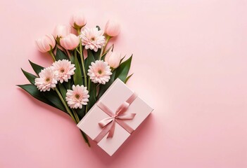 A gift box with a bouquet of flowers on a pink background